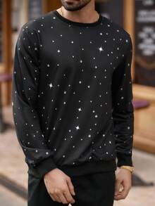 HIMLAND 男士休闲仿水钻印花套头卫衣，秋季在线水钻长袖卫衣派对上衣，适合全袖卫衣 - 黑色 - 查看 5