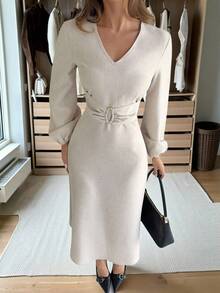 Siren Gaze Women's Light Beige Solid Color V-Neck Pleated Waist Metal Buckle Decor Mid-Length Dress,Elegant,Autumn,Office Wear,A-Line Silhouette Winter Party - Apricot - View 1