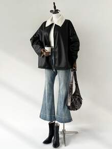 Auralis 大码女式秋冬时尚休闲宽松舒适日常保暖内衬黑色 PU 夹克、冬季外套、街头服饰、女士冬装