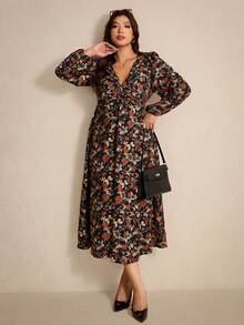 Elaquor Plus Size Elegant Party Floral Print Lantern Sleeve Dress Fall Dresses For Women Floral Midi Dress Midi Dress With Sleeves Plus Size Boho Dress, Fall/Winter Dresses Flower