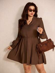 Elaquor Vestido casual de talla grande con cuello con muesca y unicolor retro - Café integral - Ver 5