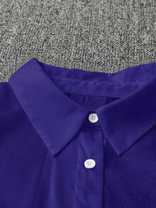 GlowEve CURVE Camisa de manga larga con botones delanteros de unicolor casual de talla grande, otoño - Azul Marino - Ver 4