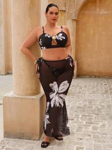 Swim Oasis Plus Size Women 3-Piece Printed Shell Decor Backless Bikini And Mesh Maxi Dress Swimwear Set, Summer Vacation - Multicolor - View 5