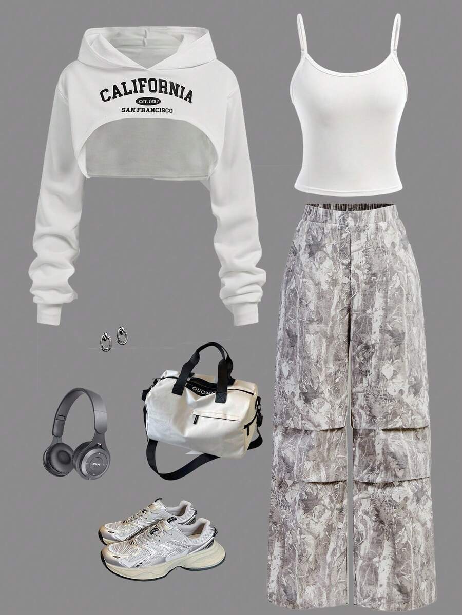 SHEIN Girlism 少女印花连帽衫、吊带背心和裤子休闲套装 - 彩色 - 查看 1