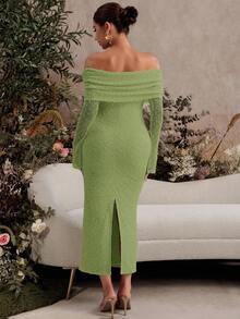 MaterniChic Fall Clothes,Autumn Clothes,Materity Autumn Clothes Maternity  Elegant Maternity Party Evening Gown, Solid Color Textured Fabric Ruched Foldover Off Shoulder Split Hem Fitted Dress - Green - View 2