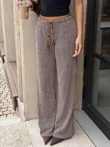 SHEIN Unity Women's Brown Striped Straight Leg Low Waist Casual Pants, Versatile For Daily Wear, Autumn/Winter - Multicolor - View 6
