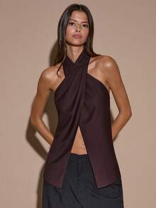 SHEIN BAE 女士优雅露背吊带纯色咖啡棕色上衣，优雅上衣，交叉吊带裹身款式，秋冬款 - 棕色 - 查看 6