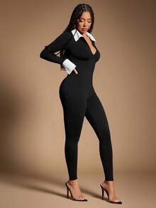 Radiana Women's Sexy Casual Minimalist Fashion Black & White Contrast Color Jumpsuit, Shirt-Style 2 In 1 Long Sleeve Jumpsuit, Casual Wear, Business Attire, Office Wear, Autumn/Winter Base Layer, Suitable For Daily Outings, Office, Commuting, Gatherings ,Sexy Jumpsuits, Bodycon Jumpsuit, Tall Curve, Long Sleeve Jumpsuit Women Bodysuits For Women Full Body Suit - Black and White - View 3