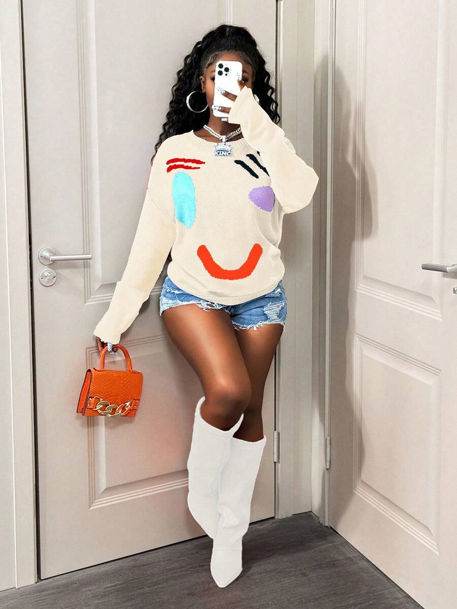 BamGleam Casual Smiling Face Patchwork Knit Sweater, Autumn/Winter - Apricot - View 1