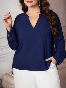 Modelyn Chemise décontractée à manches longues et col en V de couleur unie pour femmes grandes tailles - Bleu azur - Voir 1