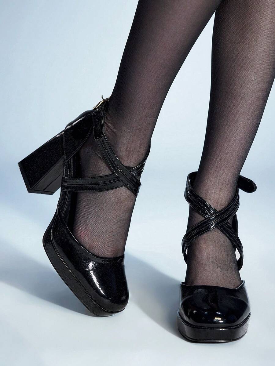 Sugerpunk New Stylish Versatile Burgundy Party/Office/Runway Thick Heel Waterproof Platform High Heels For Women, Suitable For All Seasons - Black - View 1