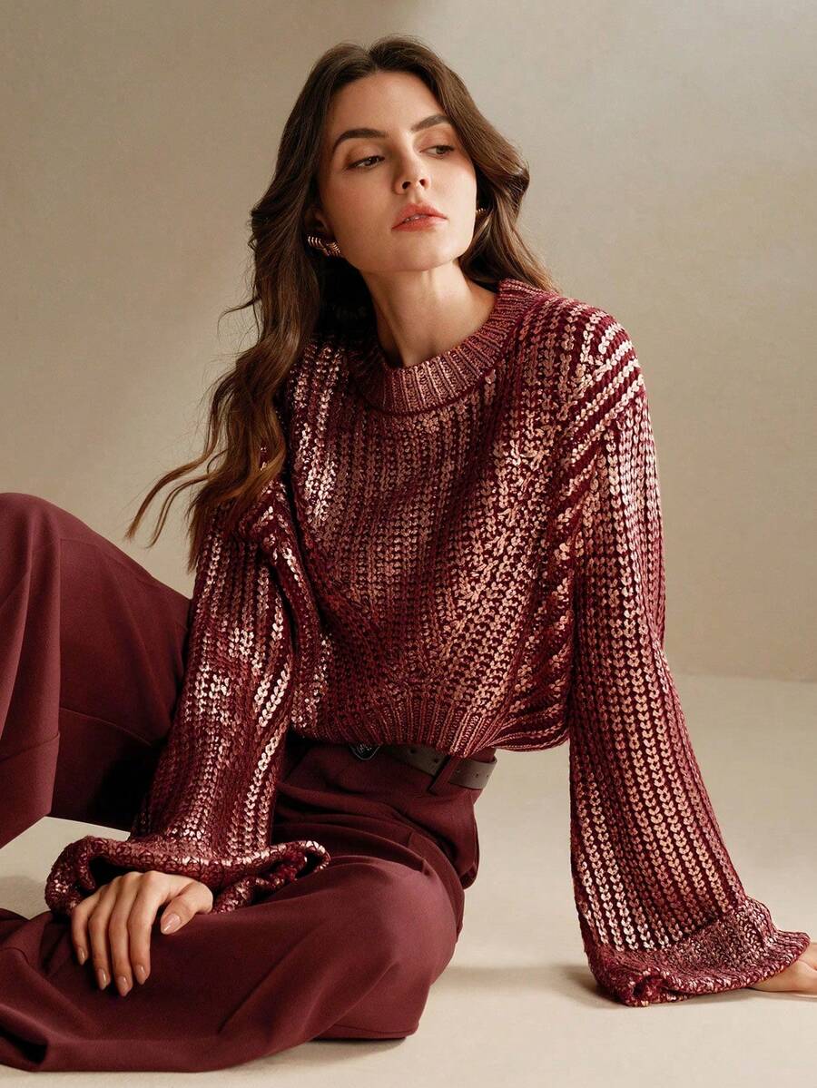 Anewsta Fashionable Gradient Gold Foil Flare Sleeve Cropped Sweater