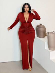 Maweii 大码纯色简约褶皱开衩性感连衣裙，日常穿着 - 紅色 - 查看 3