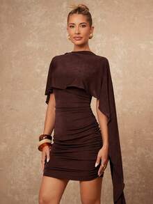 Lumalex VITNOS New Autumn Winter Casual Elegant Coffee Color Stand Collar Double Ruffle Hem Design Loose Elegant Commuter Business Casual Cute Short Dress, Suitable For Wedding, Vacation, Parties, Date, Night Out - Brown - View 9