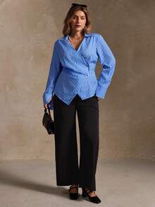 SHEIN LUNE Plus Size Women Asymmetric Hem Wrap Striped French Style Casual Shirt With Waist Gathering, Autumn/Winter - Blue - View 6