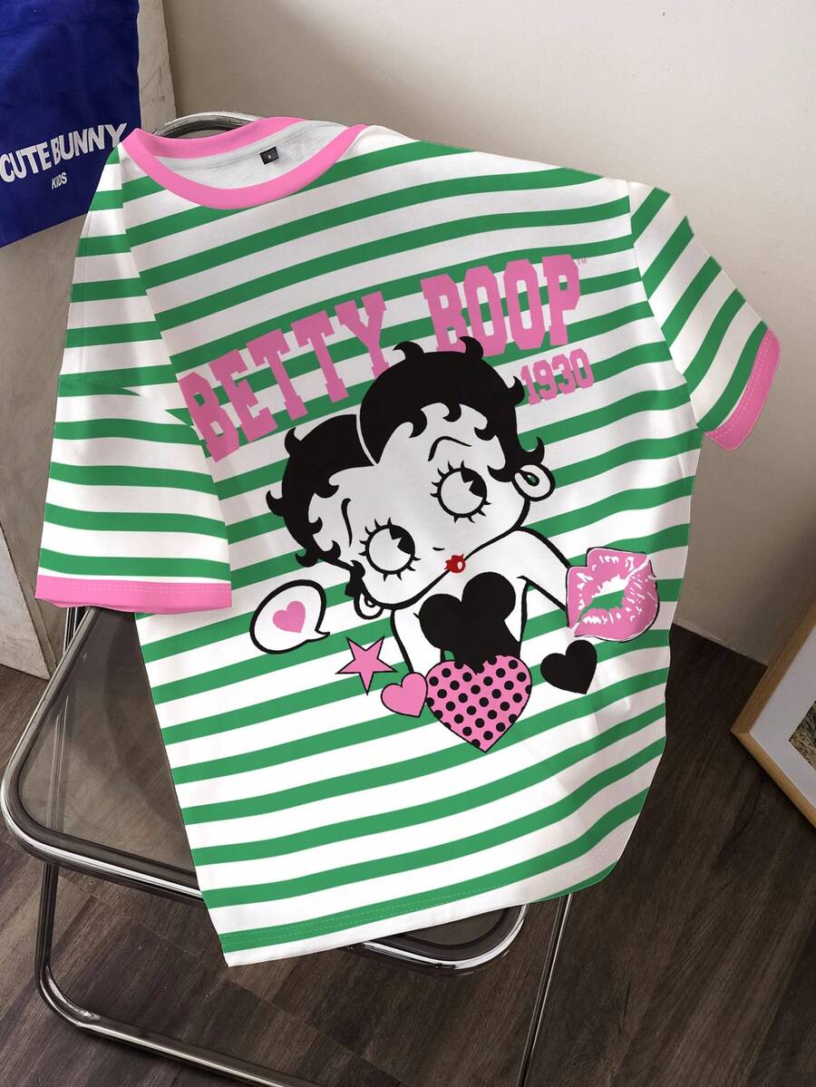 Betty Boop x SHEIN Women's Casual Striped Cartoon Graphic Short Sleeve T-Shirt, Summer - White - View 1