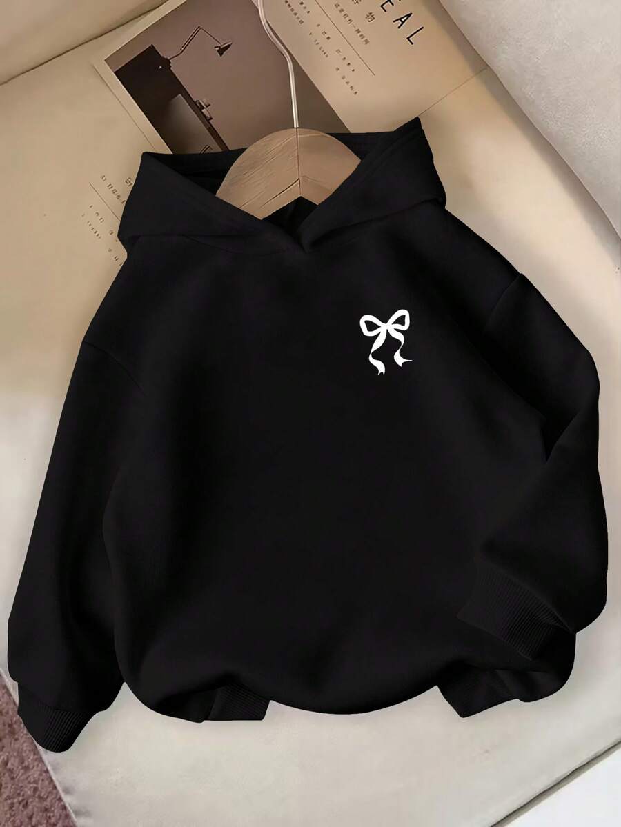 少女蝴蝶装饰休闲舒适保暖连帽卫衣，冬季款式，适合上学、外出、日常穿着，时尚卫衣 - 黑色 - 查看 1