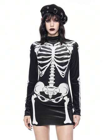 Gothic Skeleton Print Black Velvet Mini Dress For Women