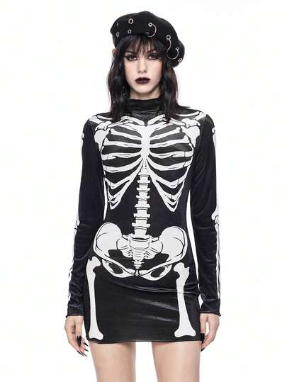 Gothic Skeleton Print Black Velvet Mini Dress For Women