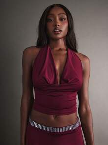 Hauture Sexy Party Night Out Halter Backless Plunge Neck Top - Burgundy - View 2