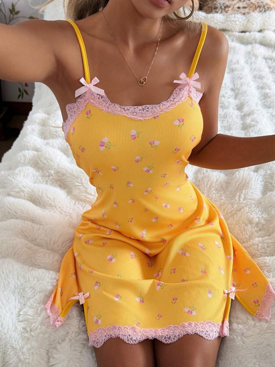 CottageSlumber 女士罗纹针织花卉蕾丝边蝴蝶结性感吊带睡裙 - 黃色 - 查看 1