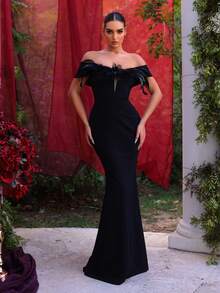 Glamrae Váy dài đuôi cá trễ vai màu đen thanh lịch, cổ chữ V sâu (lông vũ giả), trang trí, thích hợp cho các buổi hẹn hò, ngày lễ, tiệc tùng, đám cưới, sự kiện trang trọng - màu đen - Xem 4