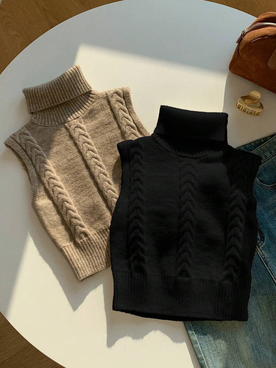 Comfortcana 休闲纯色高领无袖针织上衣套装，秋冬款 - 彩色 - 查看 1