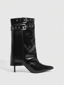 CUCCOO SZL Nuevas botas de media pantorrilla para mujer de tacón de aguja puntiagudo, con cremallera lateral, hebilla con ojal y versátiles y sexys, en color negro - Negro - Ver 5