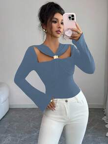 Elenzga 女士优雅通勤纯色镂空喇叭袖T恤 - 霧霾藍 - 查看 6