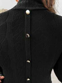 SHEIN Clasi 女士优雅高领针织弹力羊角袖修身T恤，适合日常穿着及多种场合，秋冬黑色上衣，新年冬季必备 - 黑色 - 查看 5