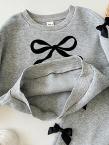 SHEIN 2件套女婴可爱针织灰色蝴蝶结长袖运动衫和裤子套装 - 淺灰色 - 查看 5