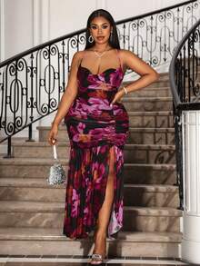 Hourglow Váy xẻ cao họa tiết hoa thanh lịch và gợi cảm cỡ lớn - màu đen - Xem 10