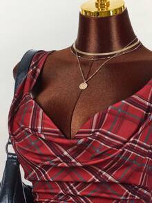 Y2K Amplova Plus Size Women Plaid Sleeveless Casual Blouse/Christmas Criss Cross Top Red Checkered Top Red Plaid Top Plaid Two Piece Set Scarf Top