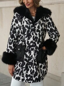 Solivie 女士秋冬加厚领羽绒服，加厚马甲仿皮草外套，女士冬季外套，奶牛纹女式冬季长款黑色保暖加厚棉质外套，动物纹豹纹外套，带内衬的女士秋季外套 - 彩色 - 查看 5