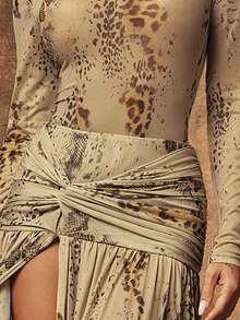 Hauture Sexy Snake Print Mesh Maxi Dress – See-Through Long Sleeves With Slit For Night Out & Party - Multicolor - View 6