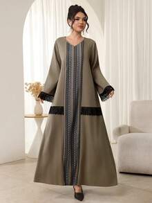 Al Najma Women's Classic Pattern Elegant Lace Trim Casual Turkish Maxi Dress