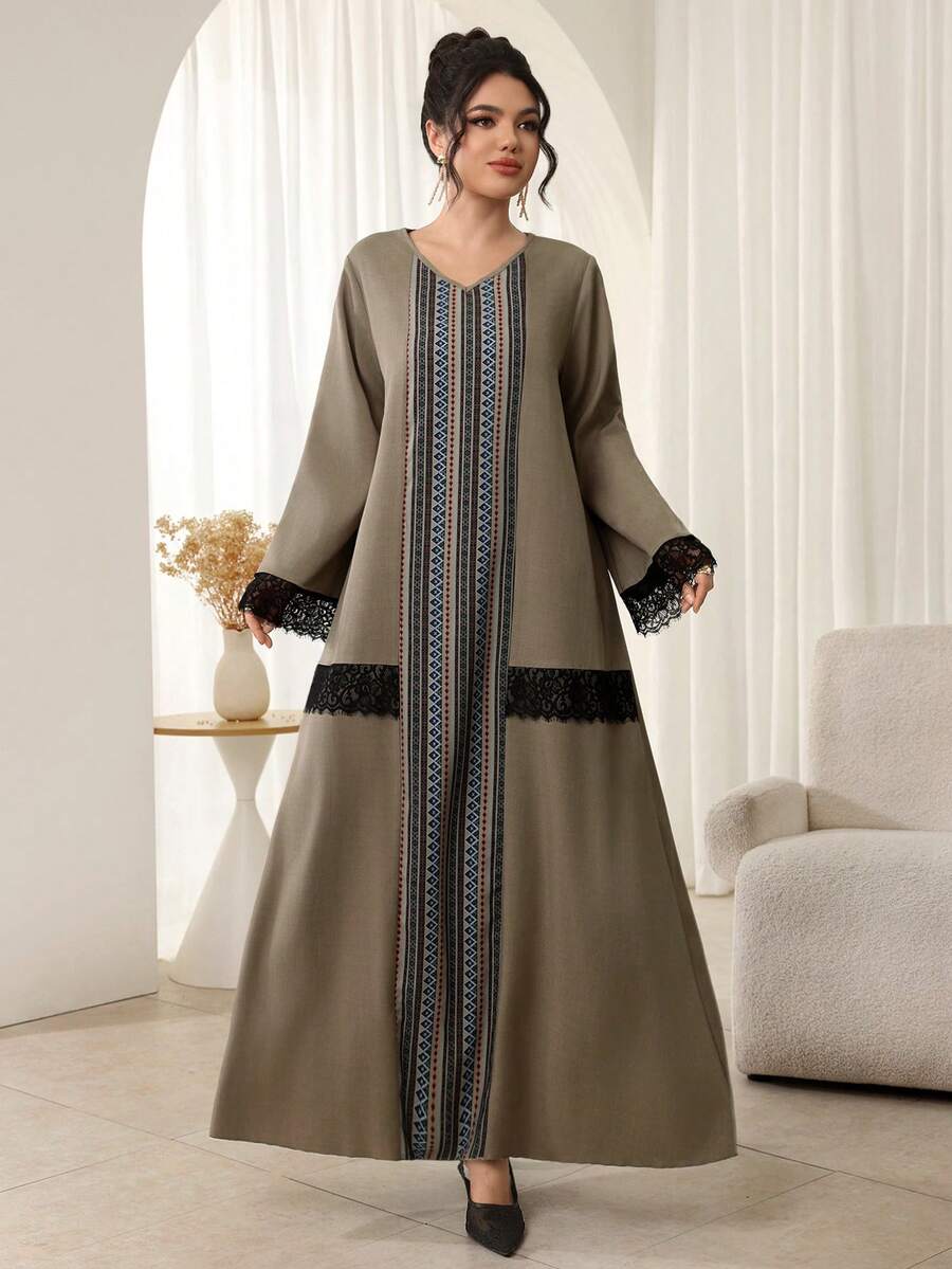 Al Najma Women's Classic Pattern Elegant Lace Trim Casual Turkish Maxi Dress