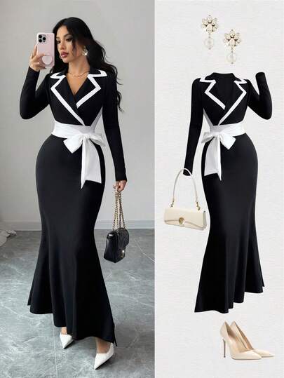 Elenzga Women's Elegant Casual Christmas New Year Party Thanksgiving Fitted Knit Cinched Waist Contrast Color Tie Waist Dress, Black & White