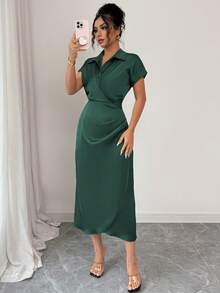 Elenzga 女士缎面法式简约高端通勤优雅办公室下午茶会优雅衬衫连衣裙，V 领落肩袖褶皱腰褶裙下摆褶皱后开衩长裙，春夏 - 墨綠色 - 查看 3