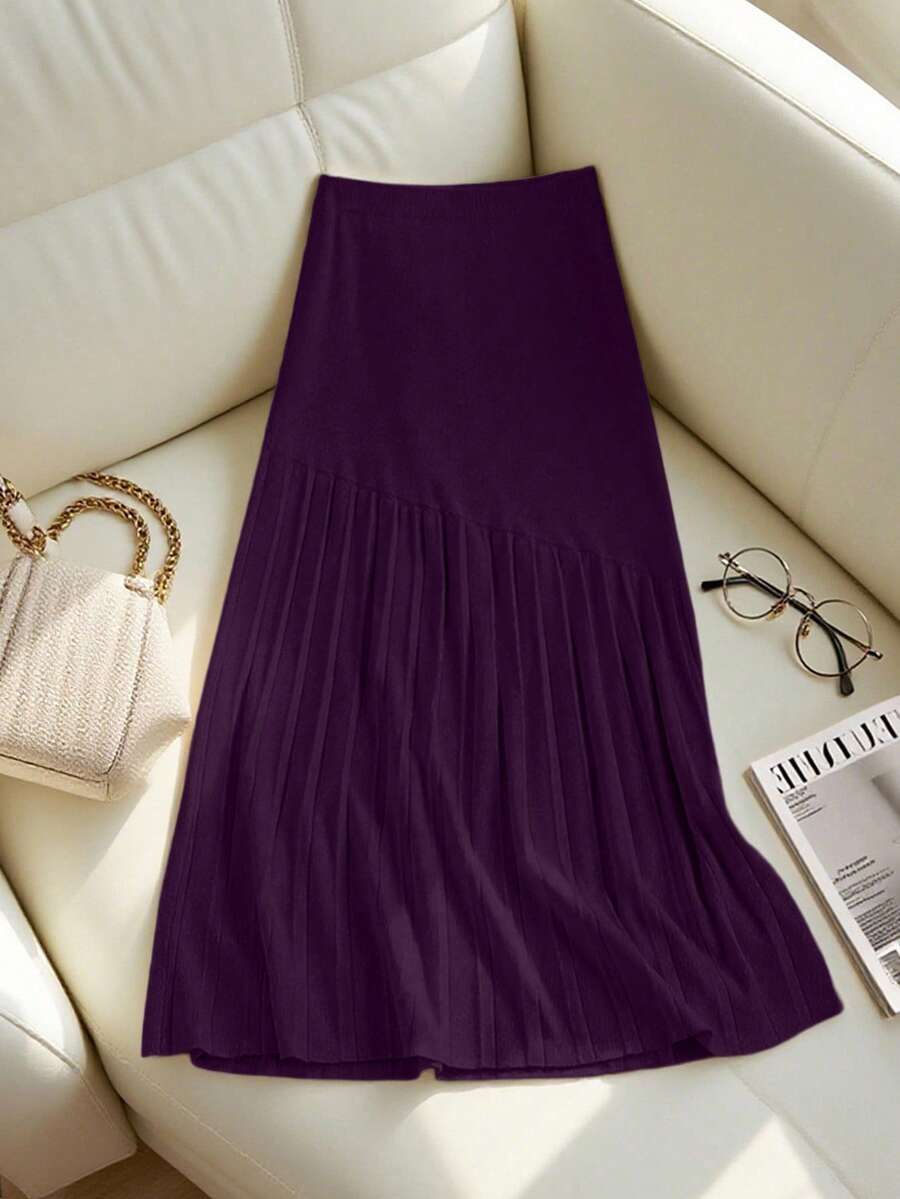 Franclia 新款褶裥拼接针织半身裙，高腰显瘦毛衣裙，A字休闲女裙 - 紫色 - 查看 1