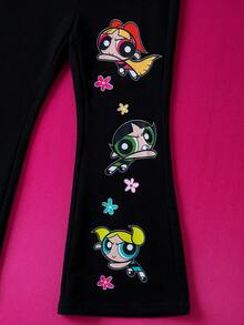 THE POWERPUFF GIRLS X SHEIN 2pcs/Set Young Girl Cute Cartoon Pattern Round Neck Drop Shoulder Long Sleeve Pink Sweatshirt And Black Flared Knit Casual Pants, Daily Wear - Pink - View 7