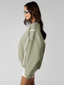 MISSGUIDED 宽松圆领卫衣，饰有白色条纹细节和落肩设计，适合休闲叠穿 - 卡其色 - 查看 5