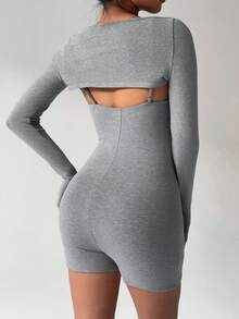 SHEIN Unity 2pcs Women Grey Embroidered Knitted Thermal Jumpsuit, Suitable For Daily, Party, Commute, Casual Wear, Autumn/Winter - Grey - View 2