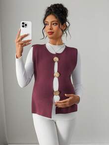 Momance 女士修身镂空金属贝壳装饰休闲圆领套头毛衣背心，适合孕妇穿着