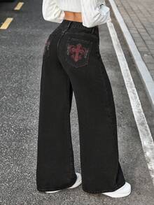 SHEIN Tall 女士时尚交叉装饰直筒宽松百搭牛仔裤 - 黑色 - 查看 7