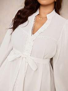 Elaquor Plus Size Casual & Commute Solid Color Lantern Sleeve Dress - White - View 3