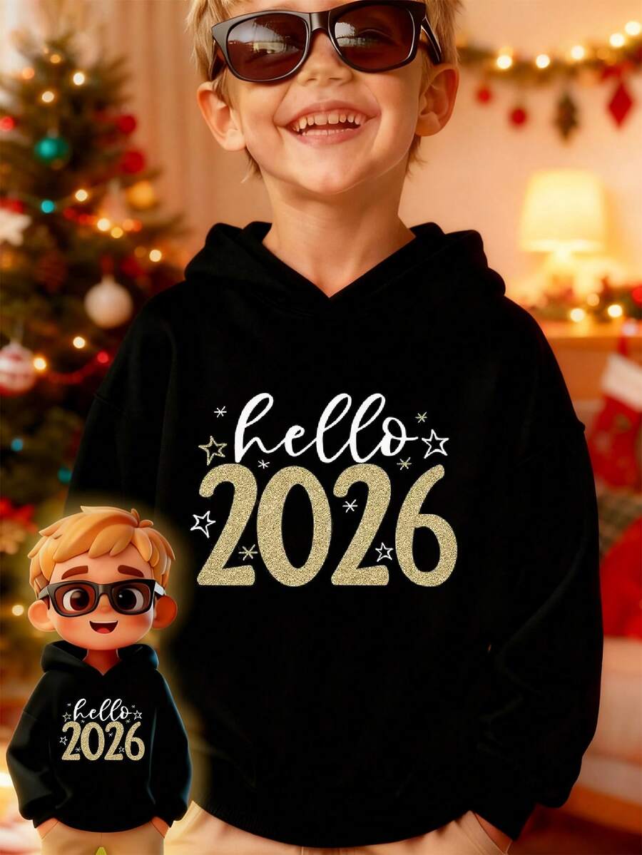 男童“Hello 2026”图案黑色长袖卫衣,适合节日庆祝、日常休闲穿着、新年等场合。 - 黑色 - 查看 1