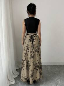 Elenzga 女士度假音乐节黑色针织罗纹拼接玫瑰印花系腰连衣裙 - 卡其色 - 查看 2