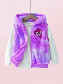 My Little Pony X SHEIN Young Girl Y2K Dreamy Sweet Purple & Pink Cartoon Pony Embroidery Tie-Dye Fluffy Hooded Vest Jacket, Suitable For Autumn/Winter - Purple - View 1