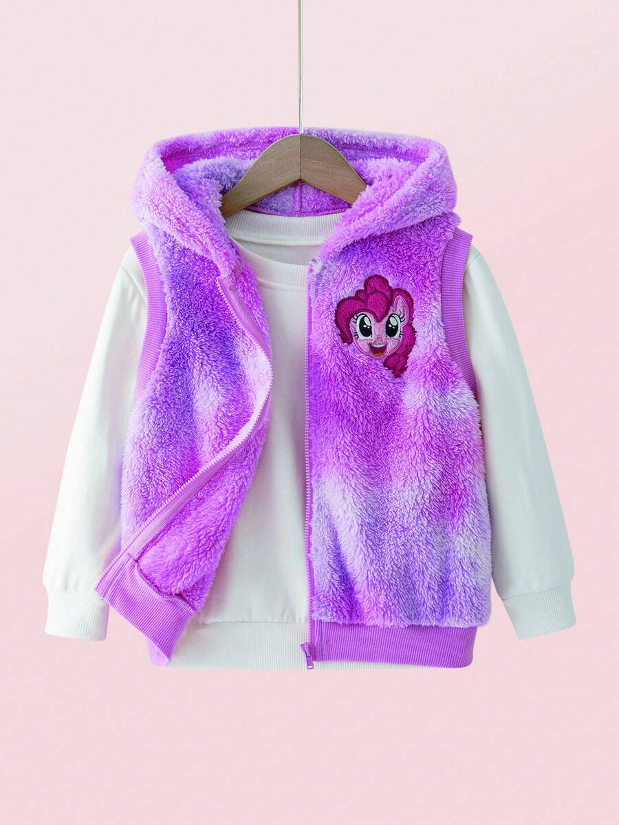 My Little Pony X SHEIN Young Girl Y2K Dreamy Sweet Purple & Pink Cartoon Pony Embroidery Tie-Dye Fluffy Hooded Vest Jacket, Suitable For Autumn/Winter - Purple - View 1